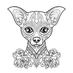 Fototapeta na wymiar day of the dead, skeleton dog, creepy cute, high detail adult coloring book page thin black lines white background, 1 bit line art coloring book, only draw outlines, crisp, thick outlines, use up th