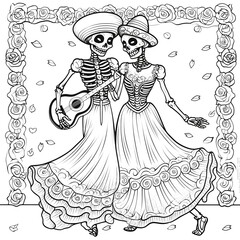 Fototapeta na wymiar day of the dead, dancing skeletons, creepy cute, high detail adult coloring book page thin black lines white background, 1 bit line art coloring book, only draw outlines, crisp, thick outlines, use up