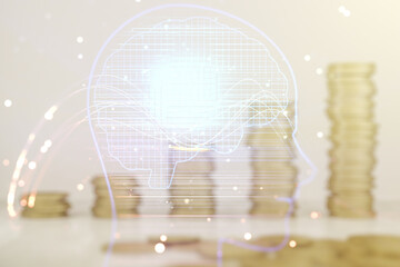 Double exposure of creative human head microcircuit hologram on growing coins stacks background....