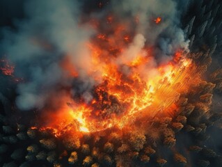 big raging forest fire with very high flames and lot's of smoke, dramatic light, generative ai