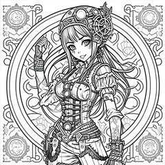 Fototapeta na wymiar Steampunk manga character in the middle of the page,coloring page for kid and coloring page for seniors , whithout colors , stronger and more pronounced and thicker lines , , amazing pattern , 1 Be