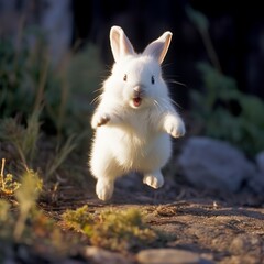 Dwarf Hotot Bunny Enjoying a Playful Hop, A Burst of Joy