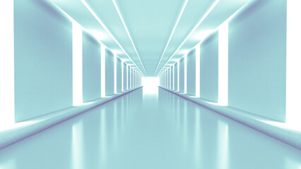 無機質な灯りに照らされた回廊の3Dイラストレーション