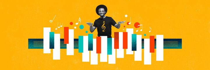 Fototapeta na wymiar Talented african man singing in microphone, playing piano against vivid yellow background. Contemporary art collage. Concept of music, lifestyle, art of sound, performance. Creative bright design