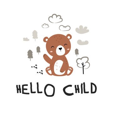 Animal pattern with cute bear and text " Hello Child ". Childish vector illustration for fabric, textile, card