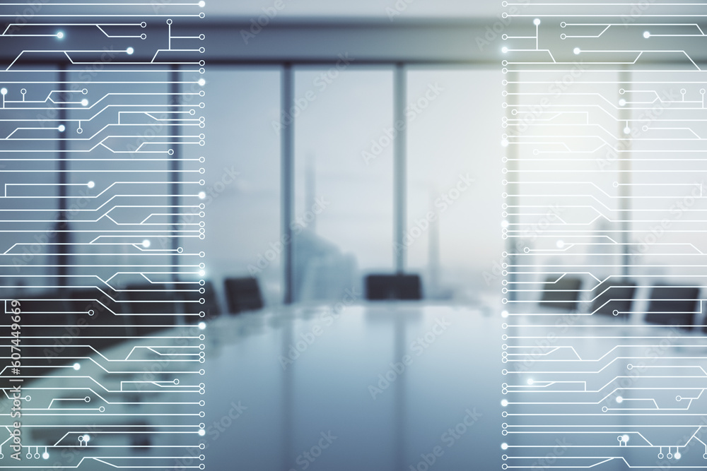 Poster abstract virtual micro chip hologram on a modern coworking room background, artificial intelligence 