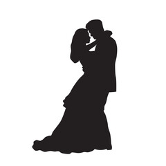 Male and female couple stand facing each other and embrace, isolated vector silhouette