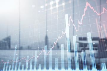 Multi exposure of virtual abstract financial graph interface on a modern coworking room background, financial and trading concept