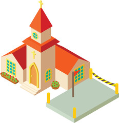Repair work icon isometric vector. Closed cement site near christian church icon. Construction concept, building site