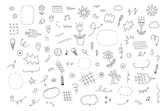 Doodle set of simple decorative elements. Various icons such as hearts, stars, speech bubbles, arrows, lines isolated on white background.