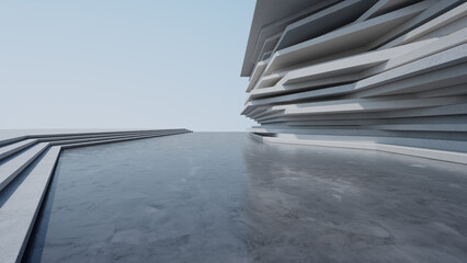 Abstract architecture design of modern building. Empty parking area floor and concrete wall with blue sky view. 3D rendering background image for car scene.