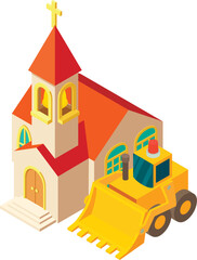 Naklejka premium Building construction icon isometric vector. Construction bulldozer near church. Reconstruction, renovation