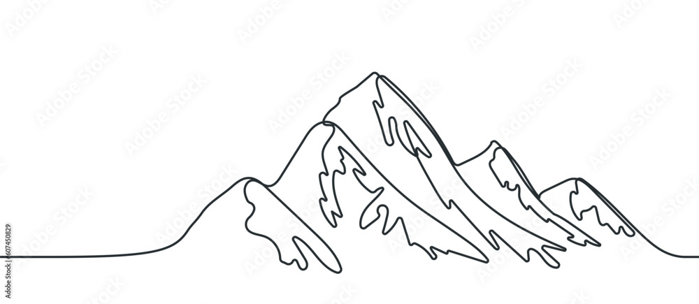 Poster one continuous line drawing of mountains. landscape of mountain range one line drawn. vector illustr