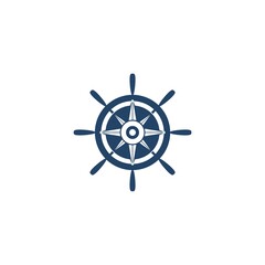 Obraz premium Nautical Steering wheel symbol with compass rose icon isolated on white background