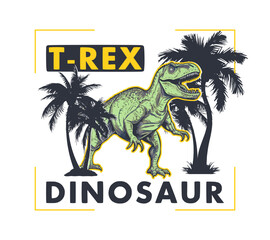Dinosaur, palm trees and typography slogan for t-shirt design. Cartoon dinosaur illustration for t shirt with palms tree. Apparel print design with t-rex dino. Vector. © Roman