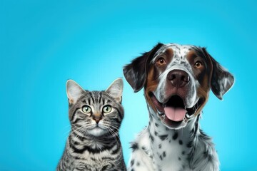 A cat and a dog are sitting together on a blue background Generative AI