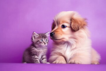 A dog and a cat are sitting together in front of a purple background Generative AI