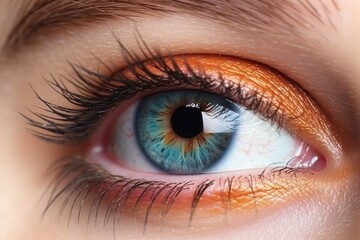 A close up of a woman's eye with orange eye makeup Generative AI
