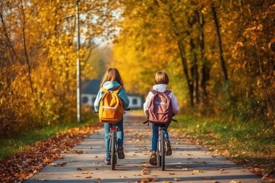 Three kids riding bikes in a park one of them has a backpack on it Generative AI