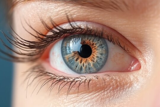 A close up of a blue eye with a lot of hair on it Generative AI