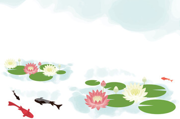 睡蓮が咲いて金魚が泳いでいる池の背景イラスト