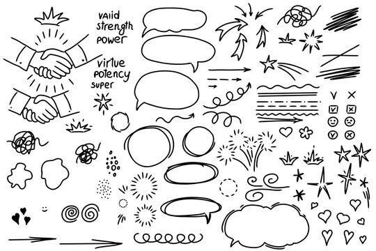 A hand-drawn collection of sketch underline, emphasis, arrow shape set. crown, speech bubble
