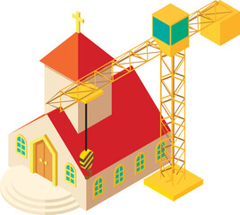 Church construction icon isometric vector. Construction crane near new church. Building and reconstruction concept