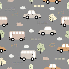 Seamless pattern with car and bus. Kids pattern. Vector illustration. Designs for fabric, textile, wallpaper, wrapping