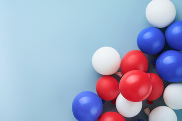 4th of July background. USA paper fans, Red, blue, white stars,  balloons and gold confetti on blue...