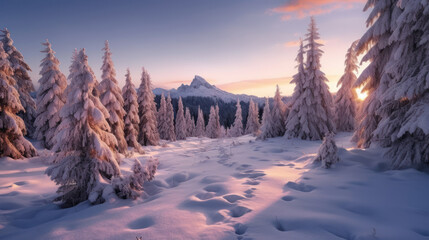 Fototapeta premium Snow mountain and sunset sky background. Season and environment concept. Generative ai.