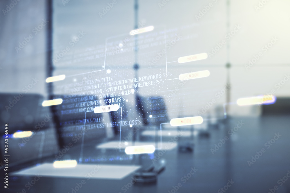 Poster multi exposure of abstract programming language hologram on a modern furnished office interior backg