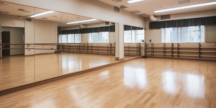 Dance studio with a polished wooden floor, mirrors, and ballet barres, ready for a group of friends to enjoy a dance class together, concept of Physical activity, created with Generative AI technology