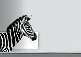 The Zebra invites you to a captivating celebration by the wall. The image is characterized by minimalist elegance and purity. Welcome, invitation card concept for children.Copy space. Generative AI.