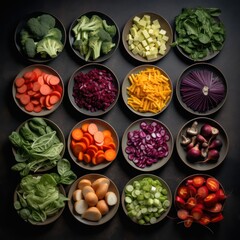 on a dark background, chopped vegetables for salad lie neatly geometrically laid out. Generative AI