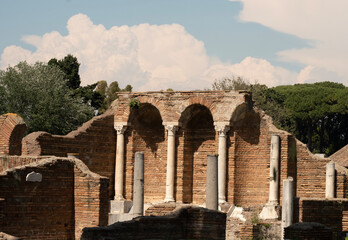 Ancient Roman buildings in Ostia Antica Archaeological Site, Rome