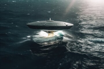 UFO, an alien spaceship with a blue beam of light, takes off from under the water upwards, lifting tons of water. realistic illustration. Generative AI