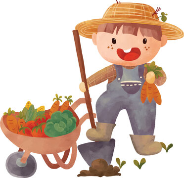 recommend clip art: A farmer boy with a wheelbarrow full of vegetables.