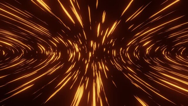 Light and stripes moving fast over dark background. Abstract colorful background with yellow bright neon rays and glowing seamless loop. Technology with energy stream. Sci-fi concept. 3d animation