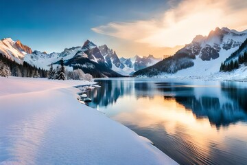A magnificent mountain range covered in a blanket of fresh snow, glistening under the sunlight