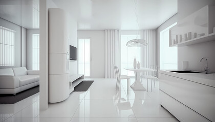 Naklejka na ściany i meble 3d model of white contemporary kitchen and white living room, monochromatic interior