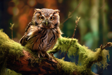 A wise owl perched on a moss-covered branch