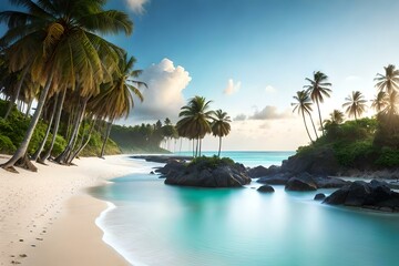A pristine beach with powdery white sand, azure waters, and palm trees swaying in the gentle breeze