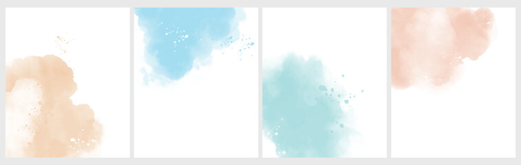 Set of 4 Delicate Abstract Watercolor Style Vector Layouts. Beige, Coral and Light Blue Paint Stains on a White Background. Pastel Color Stains and Splatter Prints with Copy Space. Watercolor Layouts. - 607456063