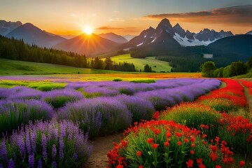 Obraz premium A field of colorful wildflowers in full bloom, creating a vibrant and picturesque landscape