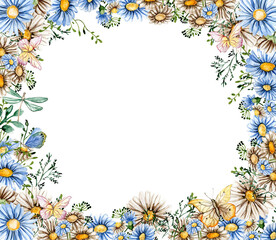 Summer chamomil flowers square wreath. Watercolor illustration for scrapbooking, cards, backgrounds. Cartoon hand drawn background with summer flower for kids design. Perfect for wedding invitation.