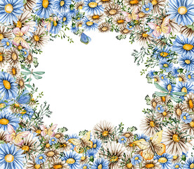 Summer chamomil flowers square wreath. Watercolor illustration for scrapbooking, cards, backgrounds. Cartoon hand drawn background with summer flower for kids design. Perfect for wedding invitation.