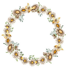 Fototapeta premium Summer chamomil flowers wreath. Watercolor illustration for scrapbooking, cards, backgrounds. Cartoon hand drawn background with summer flower for kids design. Perfect for wedding invitation.