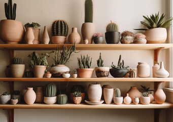 Fototapeta na wymiar Variety of cacti and succulents in organic clay pots on shelves. Generative AI. Ecological lifestyle