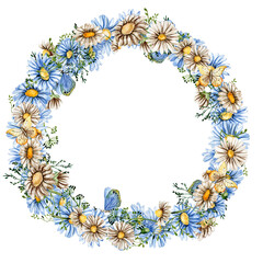 Summer chamomil flowers wreath. Watercolor illustration for scrapbooking, cards, backgrounds. Cartoon hand drawn background with summer flower for kids design. Perfect for wedding invitation.