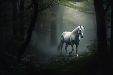 white horse in a dark forest